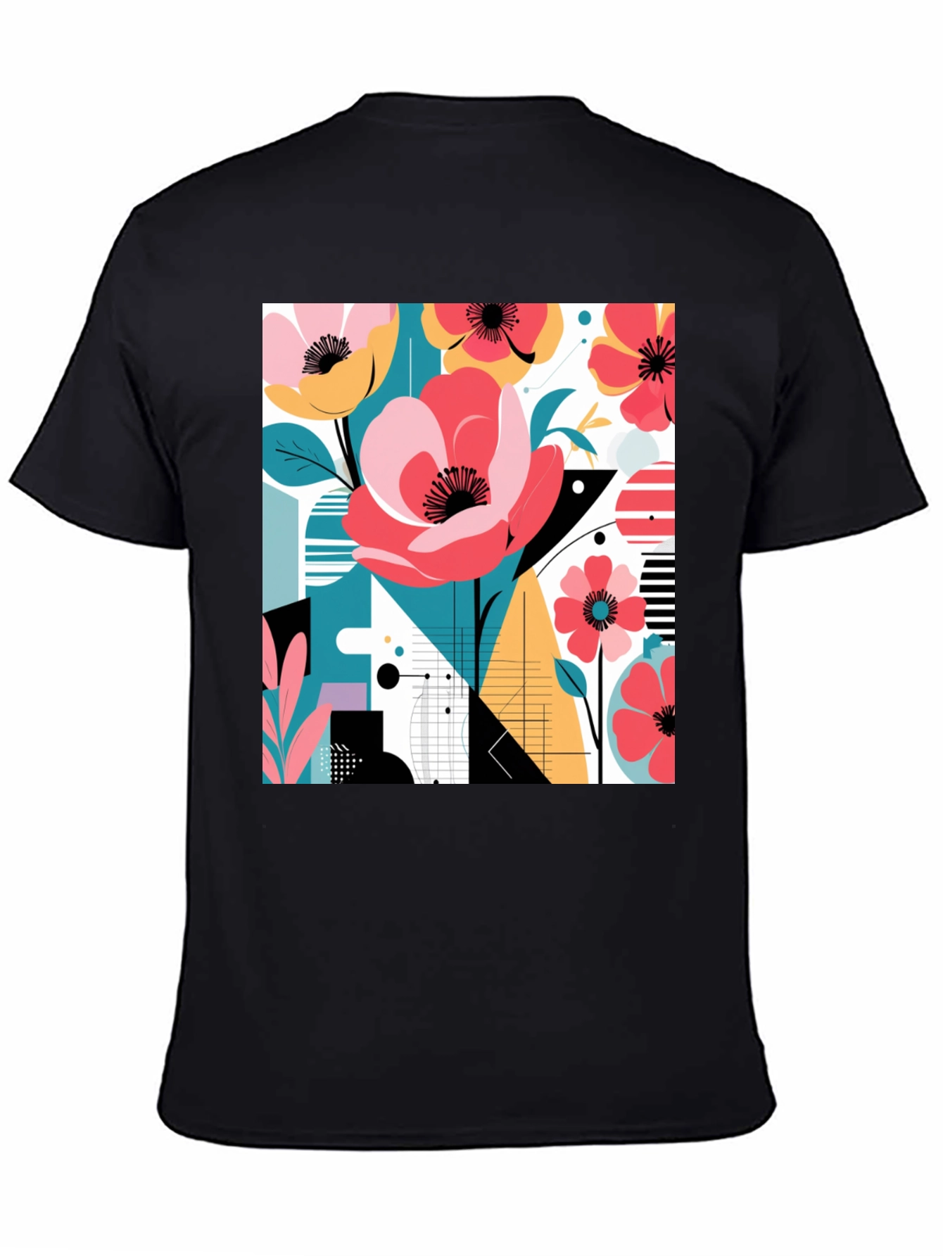 Modern Floral Graphic Print Black T-Shirt