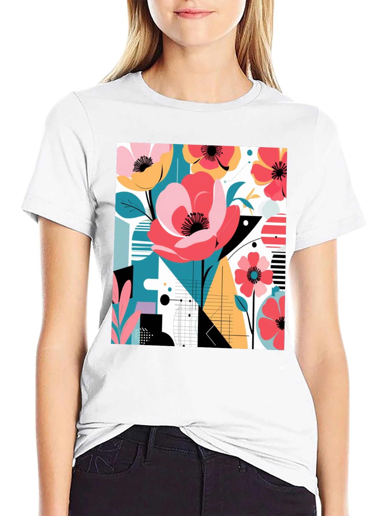 Modern Floral Graphic Print Black T-Shirt