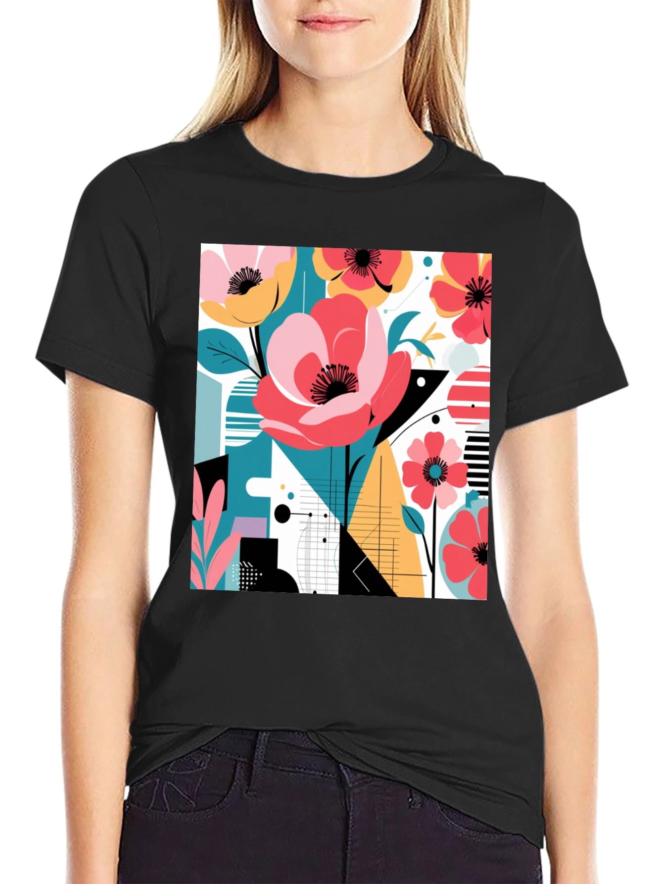 Modern Floral Graphic Print Black T-Shirt