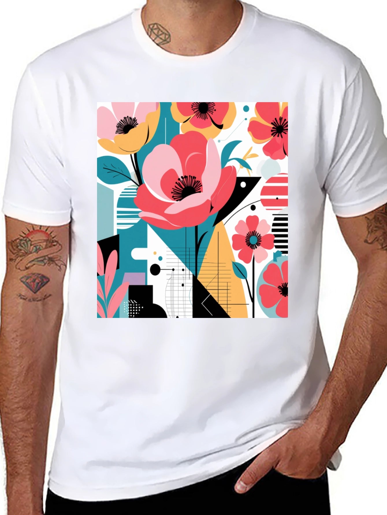 Modern Floral Graphic Print Black T-Shirt
