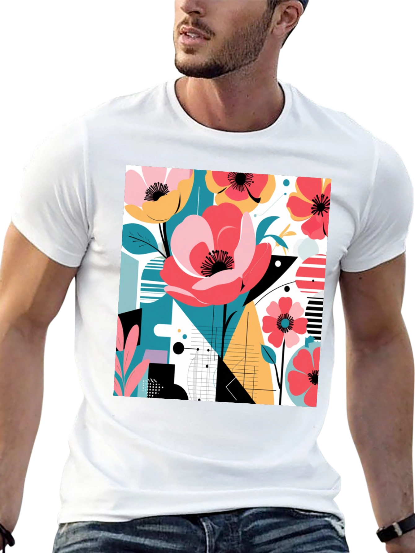 Modern Floral Graphic Print Black T-Shirt