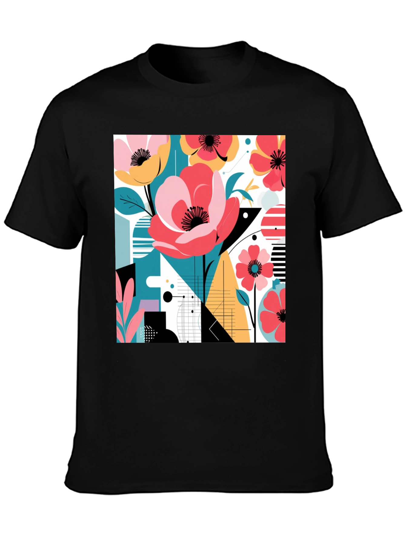 Modern Floral Graphic Print Black T-Shirt