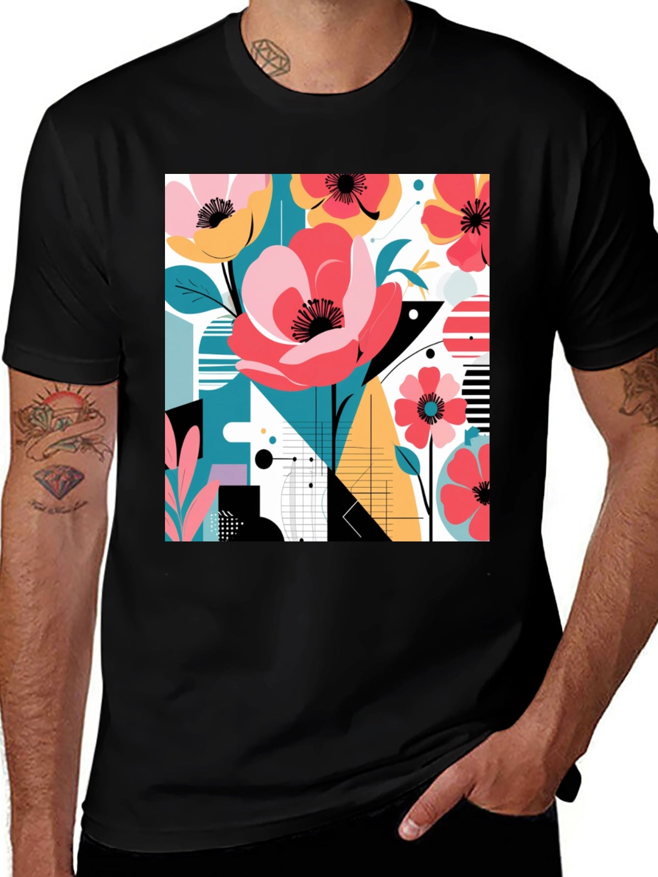 Modern Floral Graphic Print Black T-Shirt