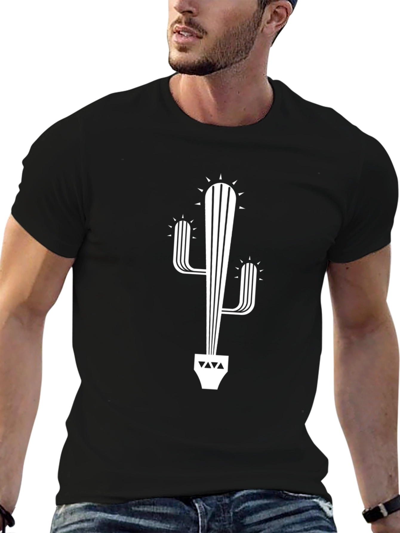 Modern Cactus Graphic Tee - Black Cotton Blend