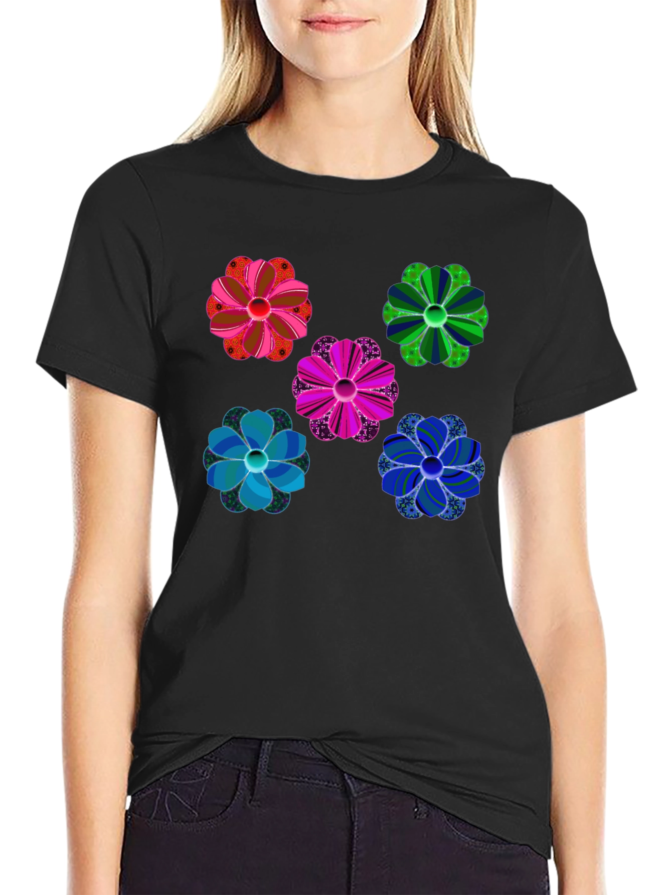 Floral Pattern Black T-Shirt Unique Design