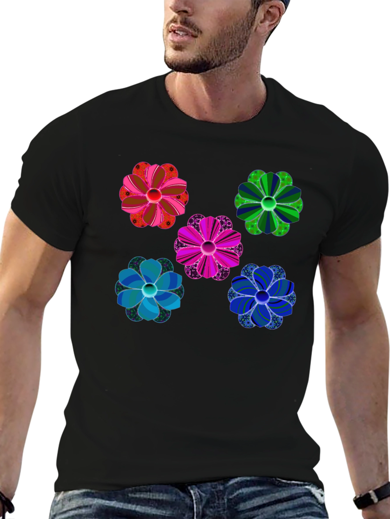 Floral Pattern Black T-Shirt Unique Design