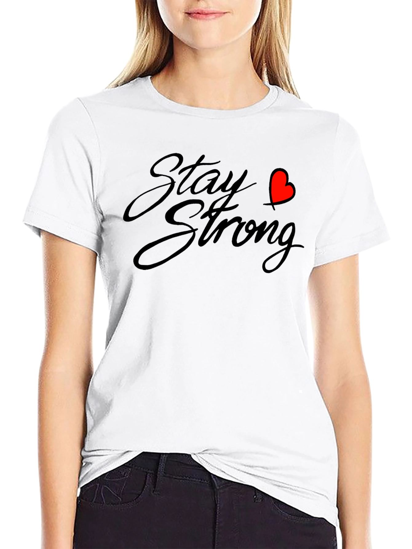 Stay Strong Black T-Shirt with Heart Graphic