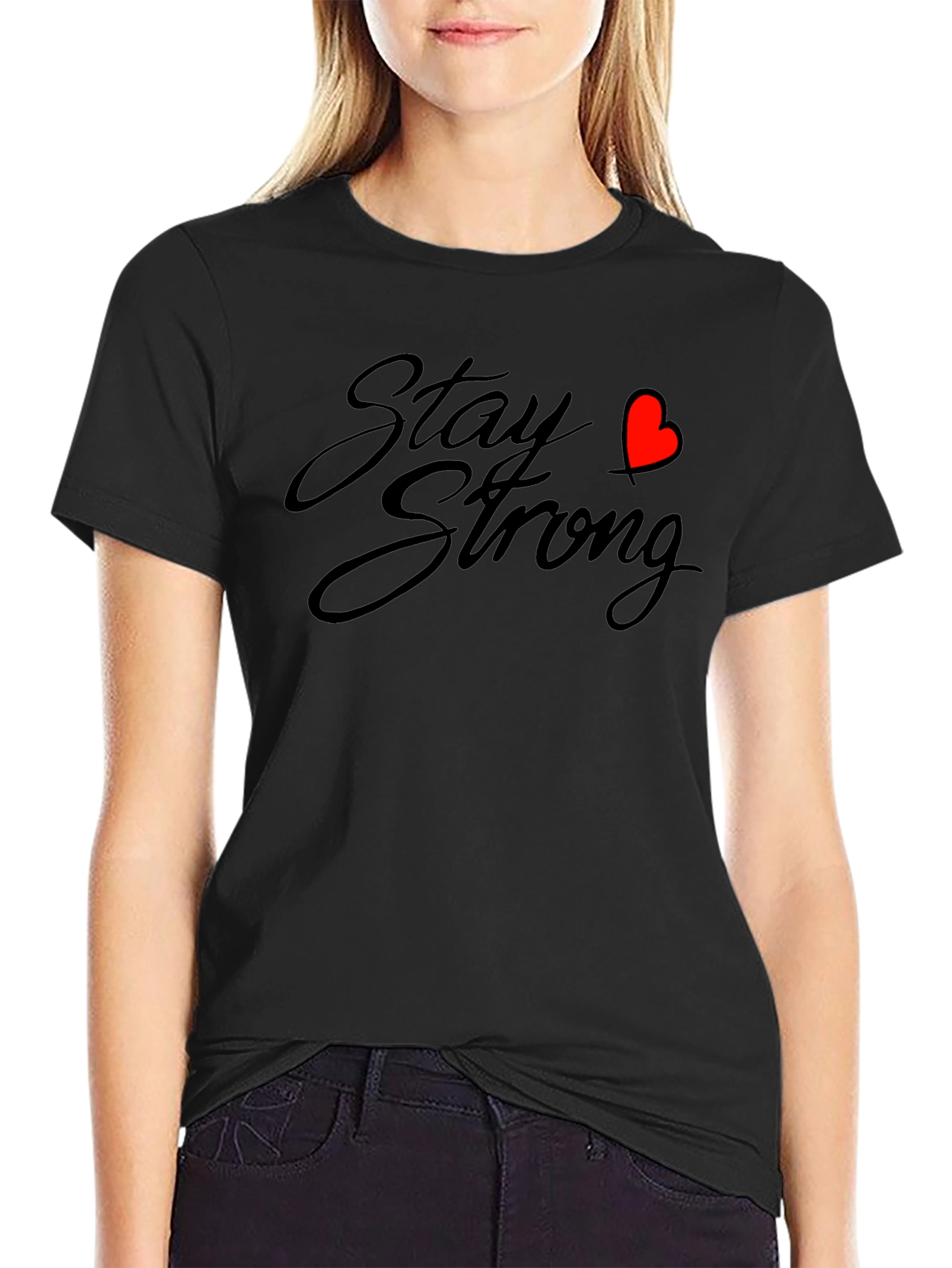 Stay Strong Black T-Shirt with Heart Graphic