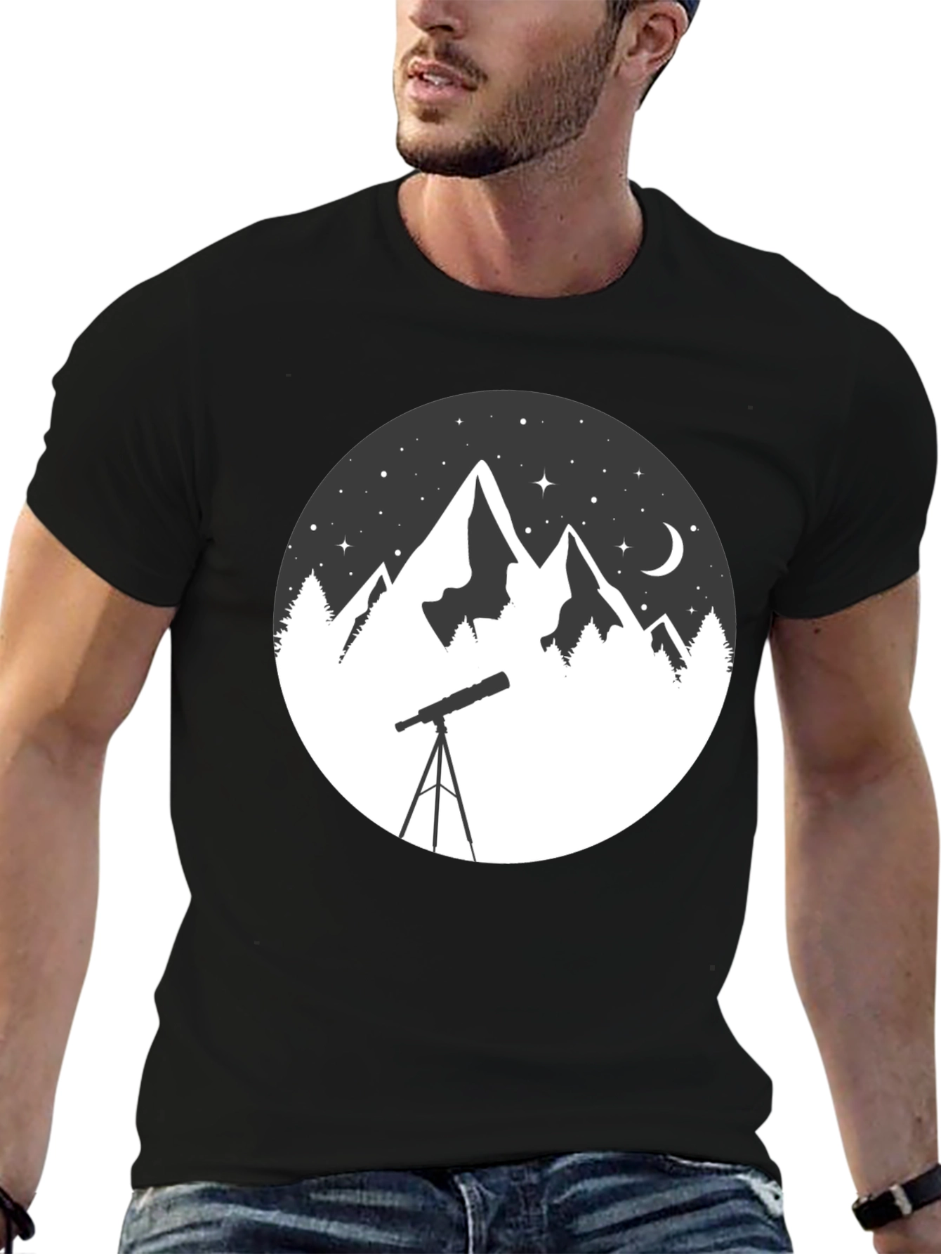 Mountain & Telescope Graphic Tee - Stargazing Shirt
