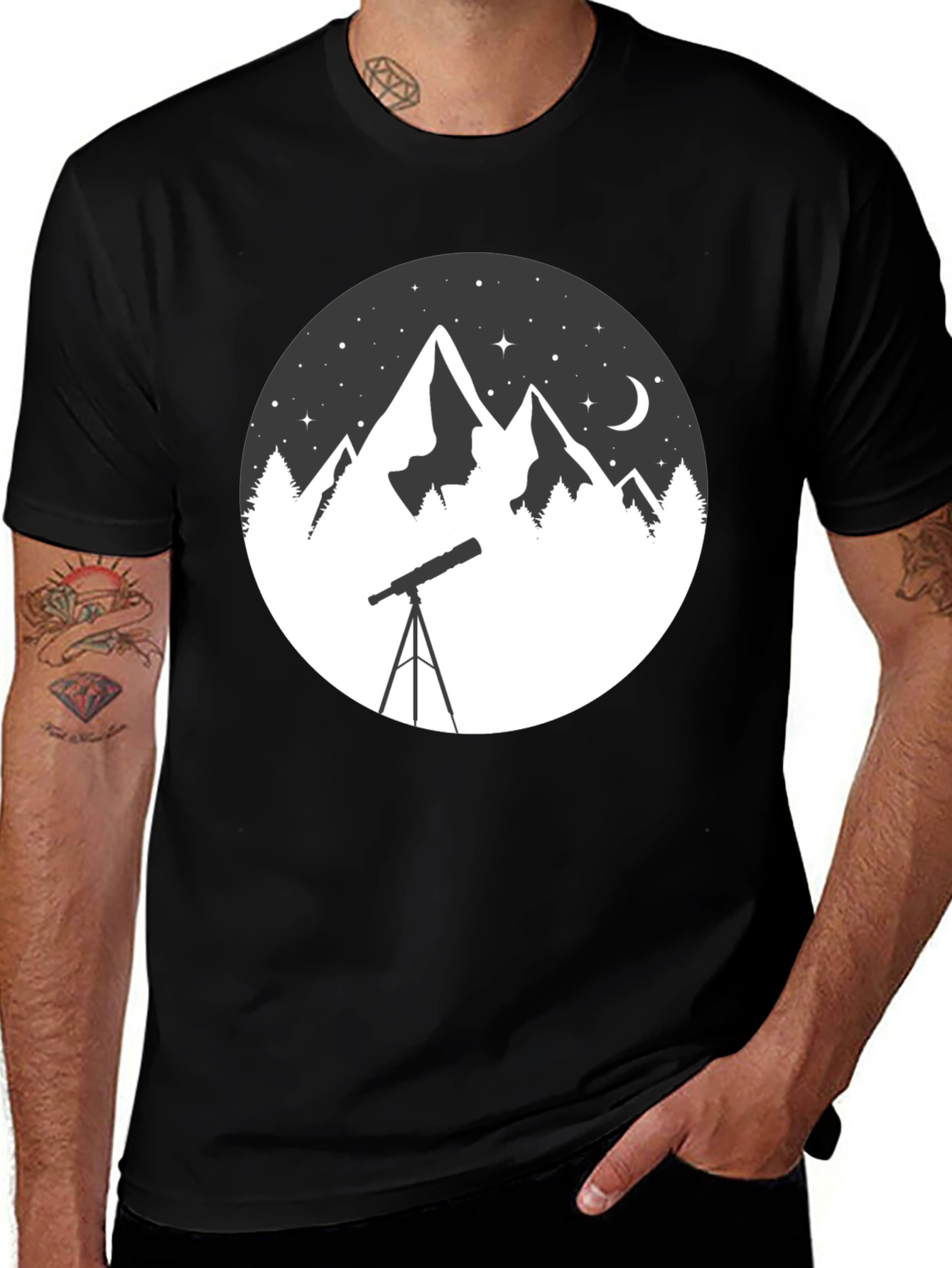 Mountain & Telescope Graphic Tee - Stargazing Shirt