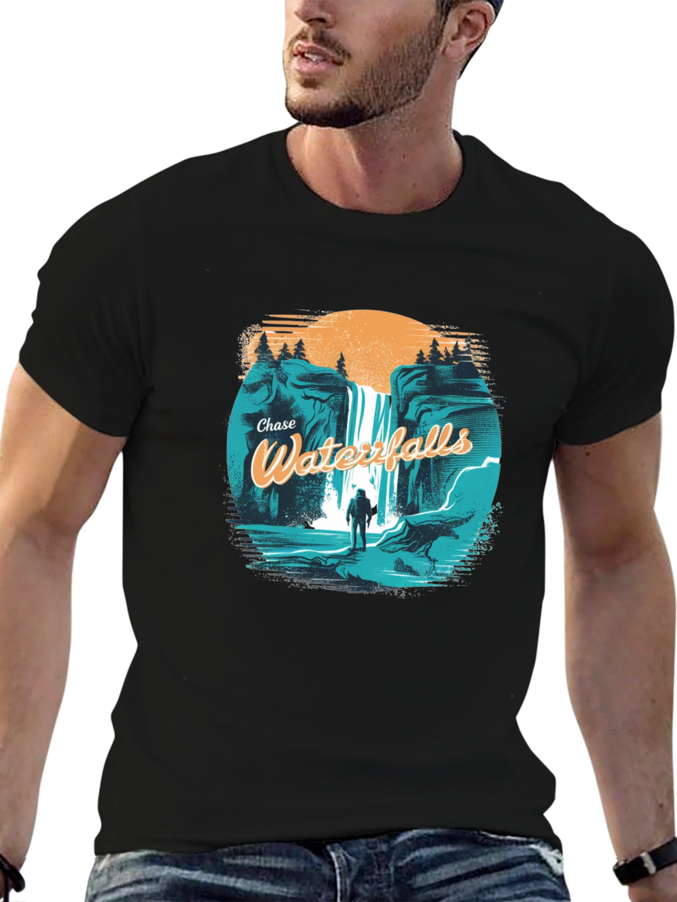 Chase Waterfalls Graphic Tee - Black Cotton T-Shirt