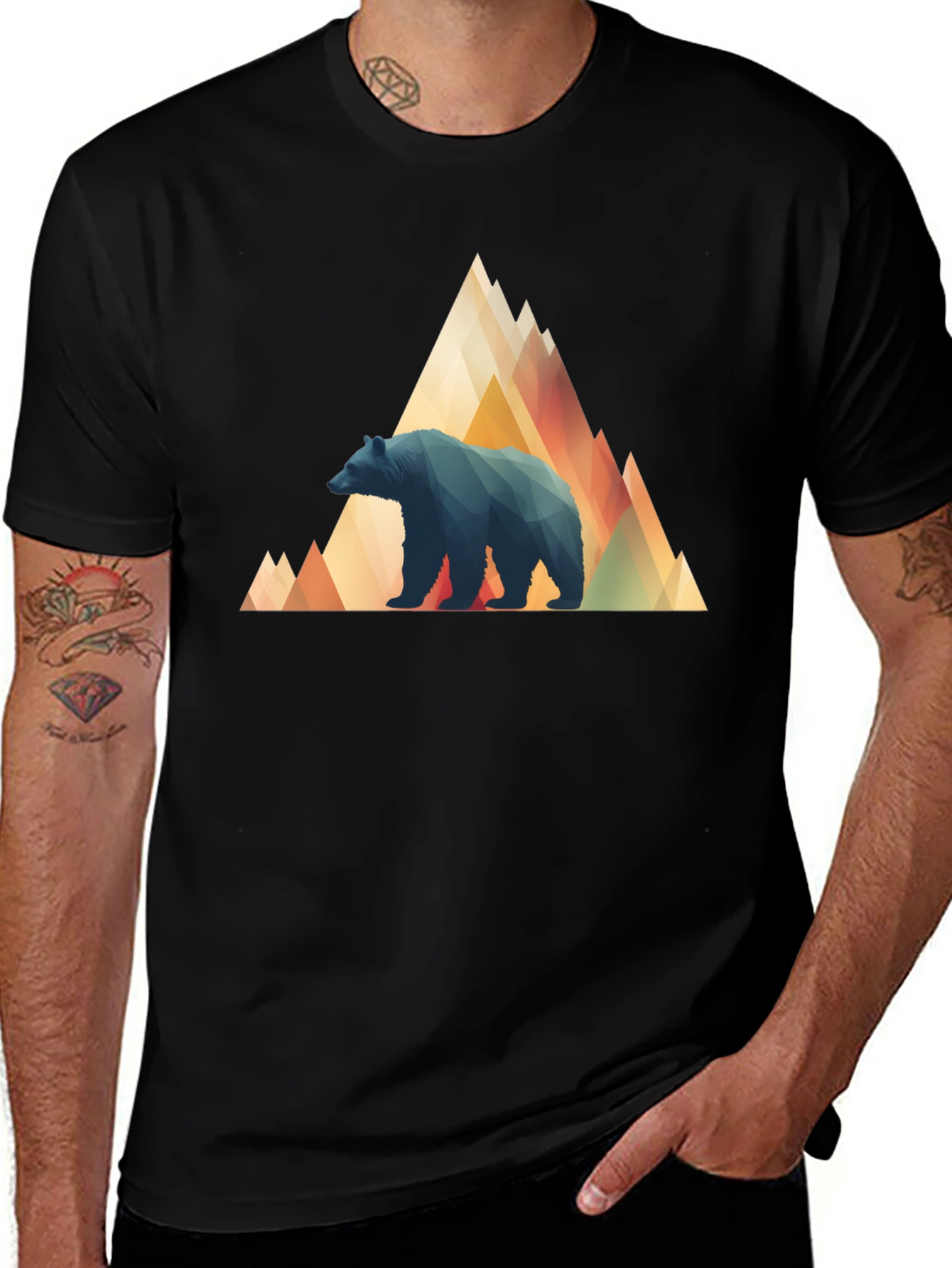 Geometric Bear Mountain Tee - Stylish Black T-Shirt