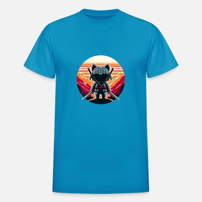 Samurai Cat Katanas Watching Sunset and Mountains
