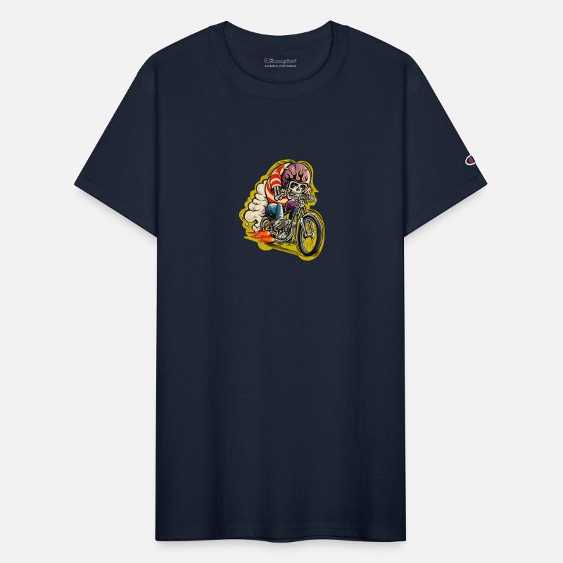 Skull riding a classic motorcycle