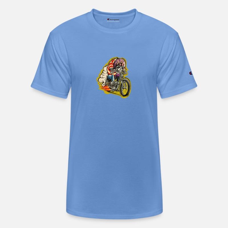 Skull riding a classic motorcycle