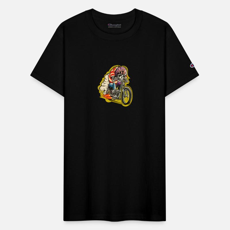 Skull riding a classic motorcycle