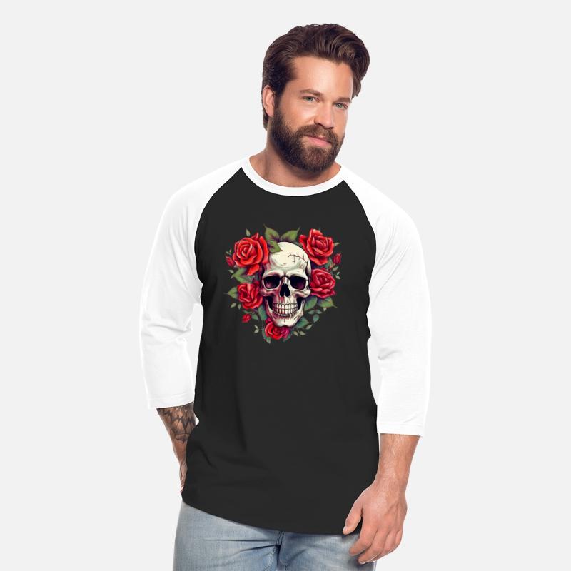 skull with red roses around