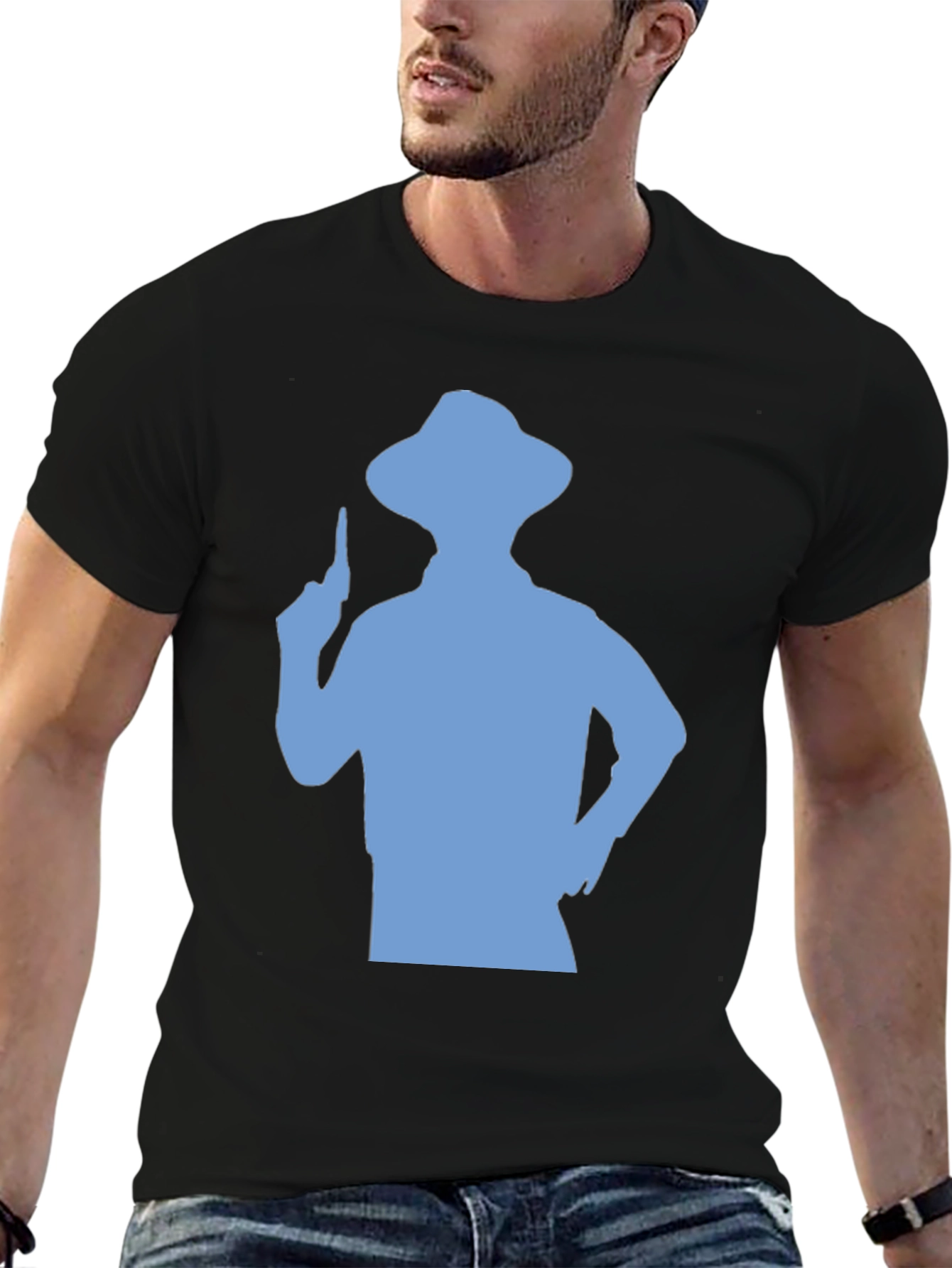 Mens Black T-shirt with Blue Silhouette Graphic