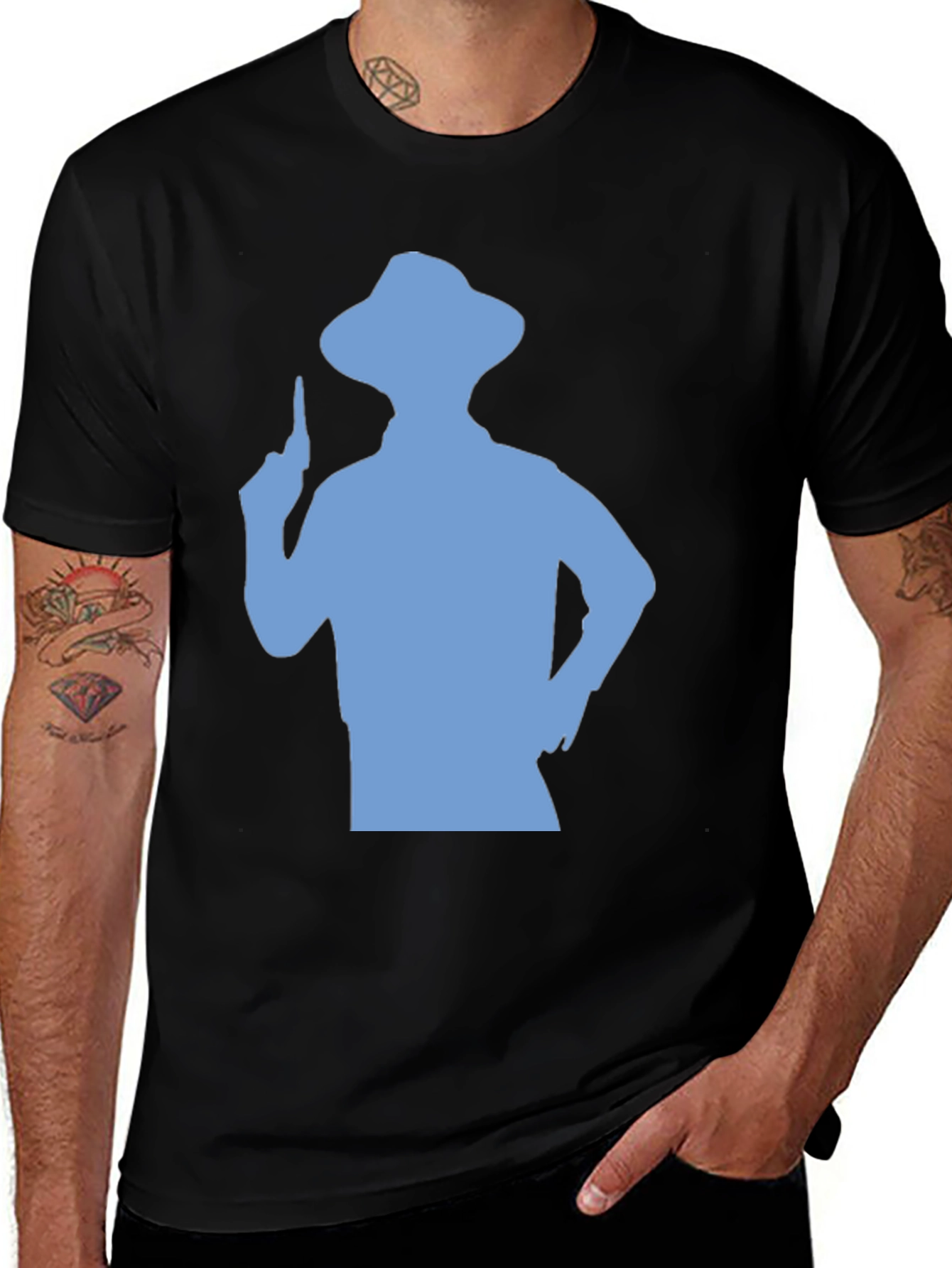 Mens Black T-shirt with Blue Silhouette Graphic