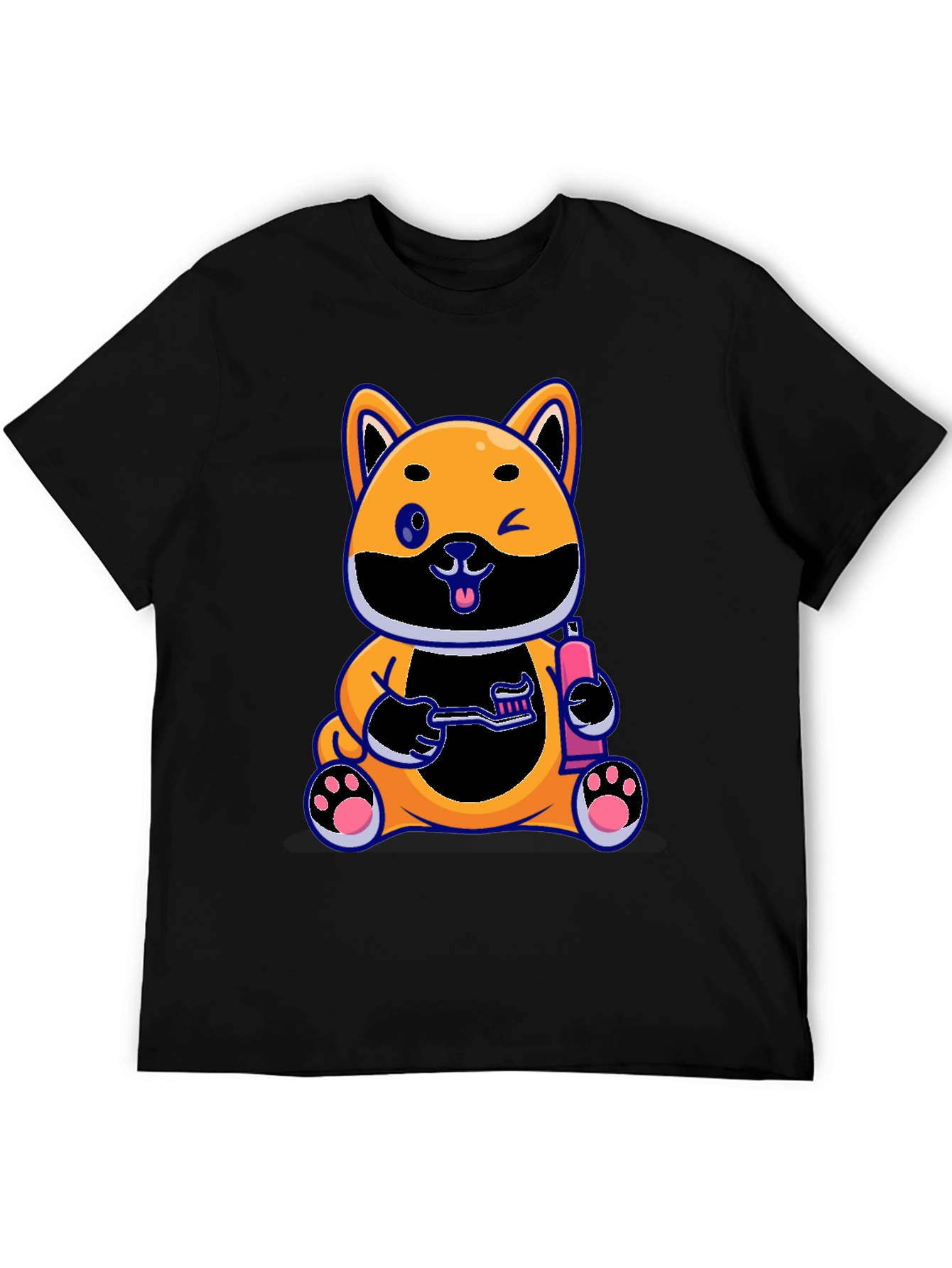 Cute Dog with Toothbrush Graphic Black T-Shirt