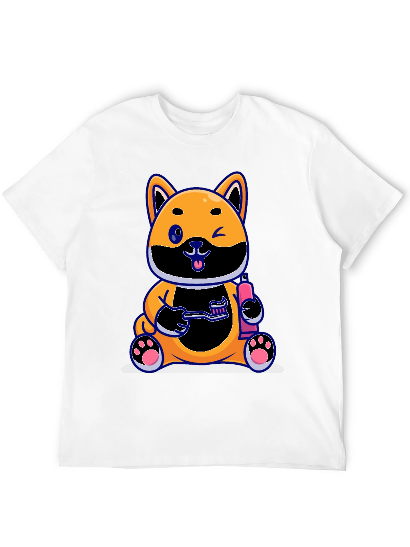 Cute Dog with Toothbrush Graphic Black T-Shirt