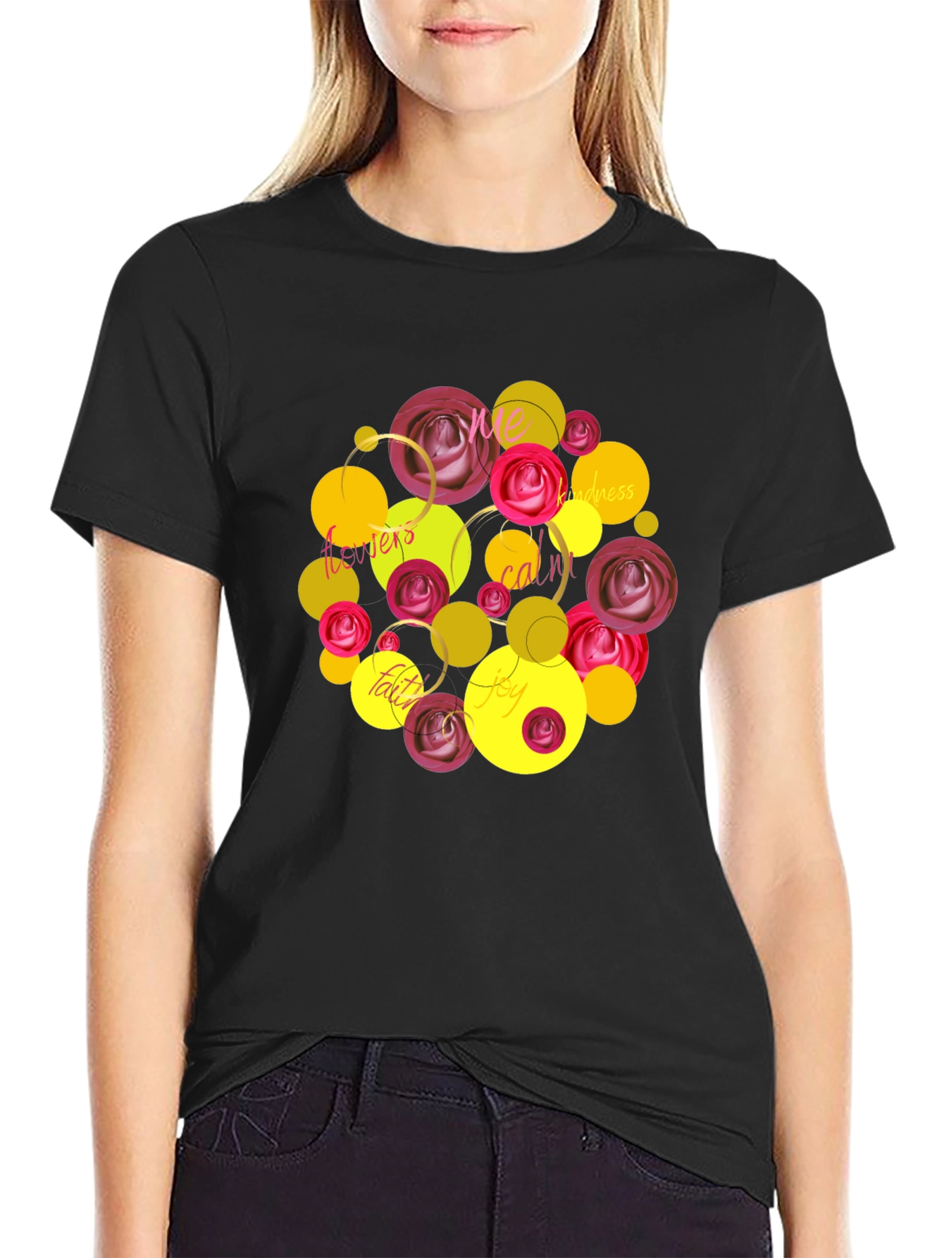 Floral Word Art T-Shirt - Positive Vibes