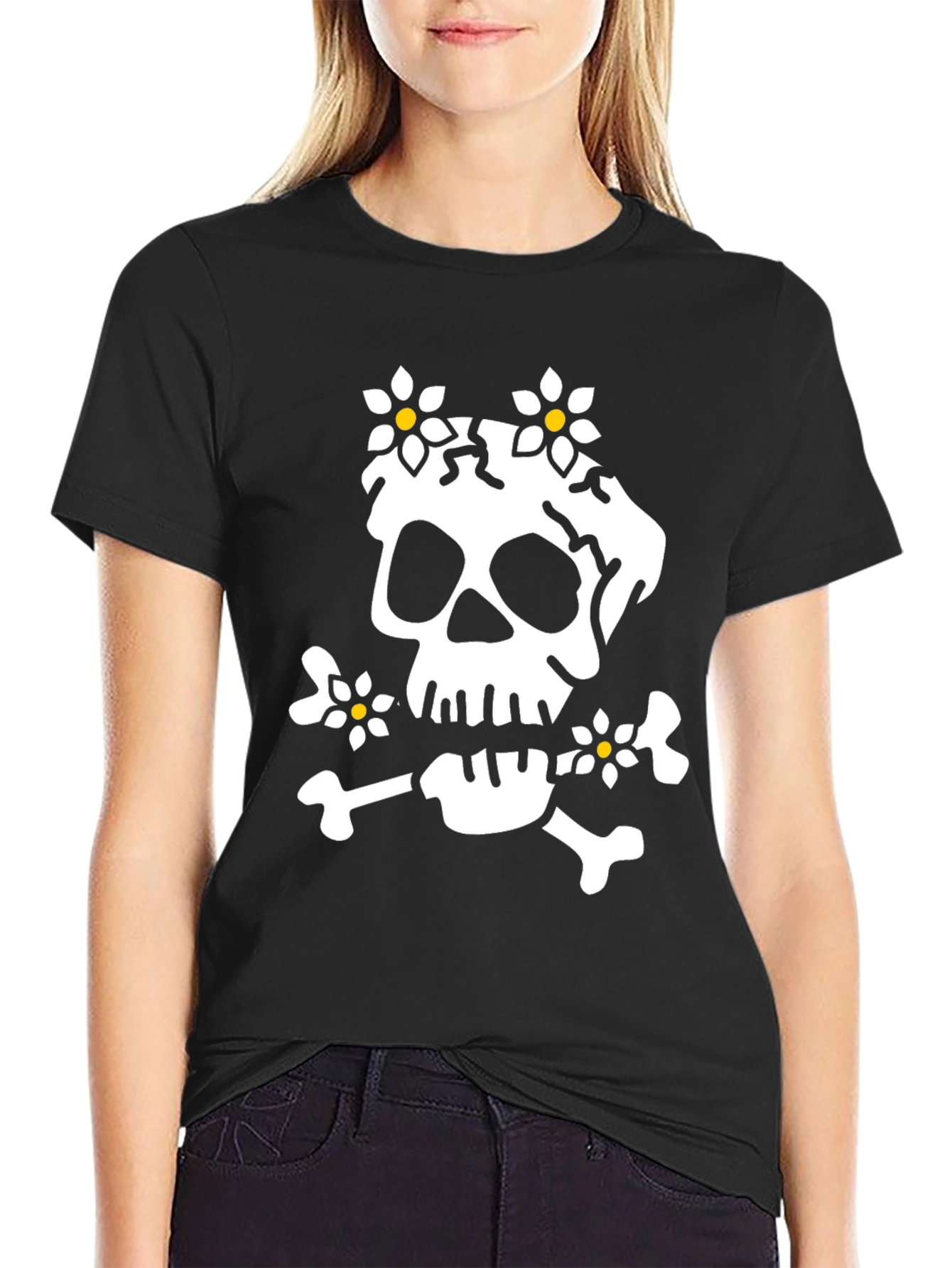 Skull & Flowers Graphic Tee - Black Cotton T-Shirt