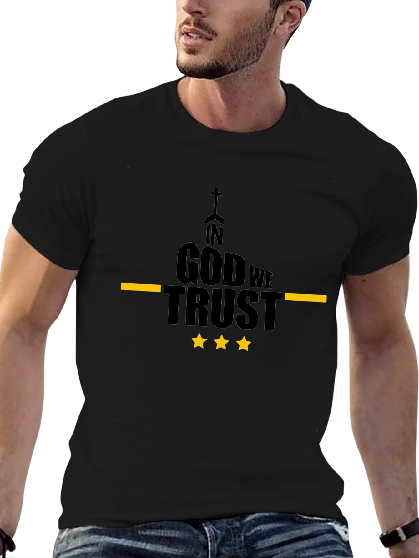 In God We Trust Black T-Shirt with Yellow Accents