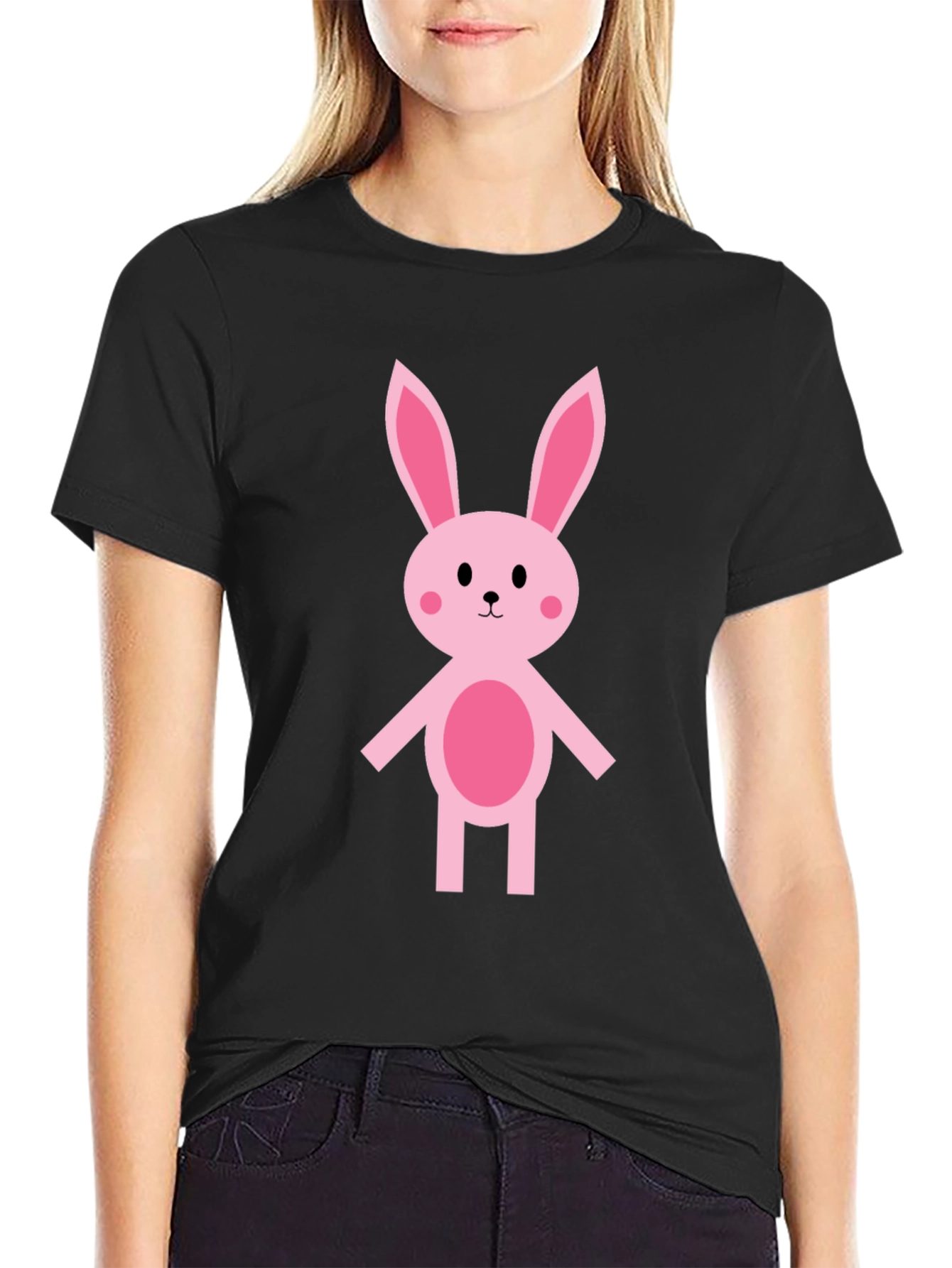 Cute Pink Bunny Graphic Tee - Black