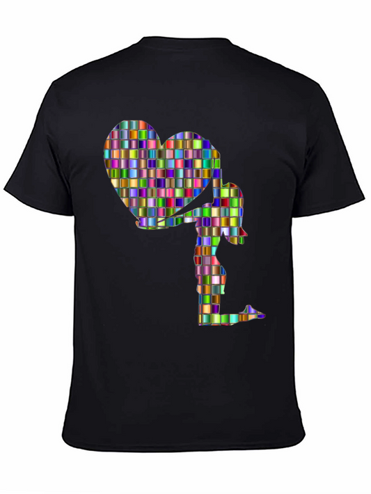 Abstract Mosaic Heart and Figure Graphic Tee - Black