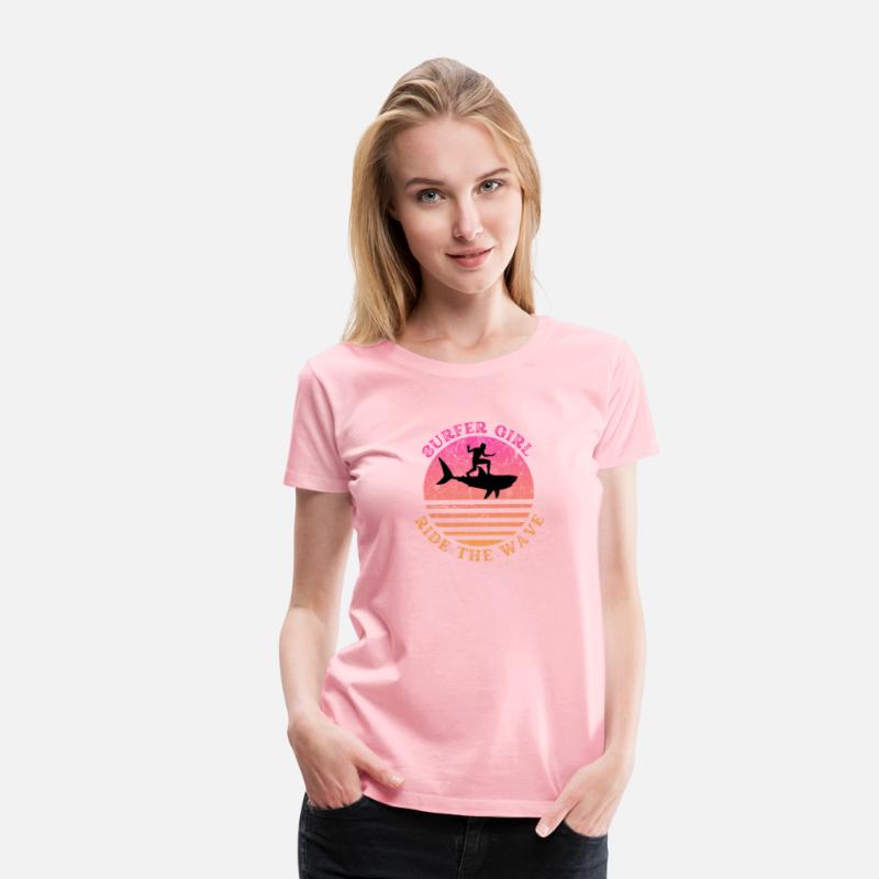 Surfer Girl Ride the Wave Shark Sunset