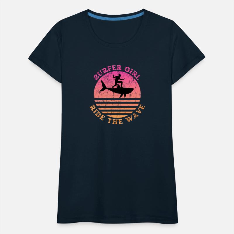 Surfer Girl Ride the Wave Shark Sunset