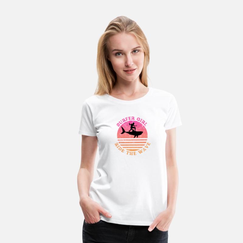 Surfer Girl Ride the Wave Shark Sunset