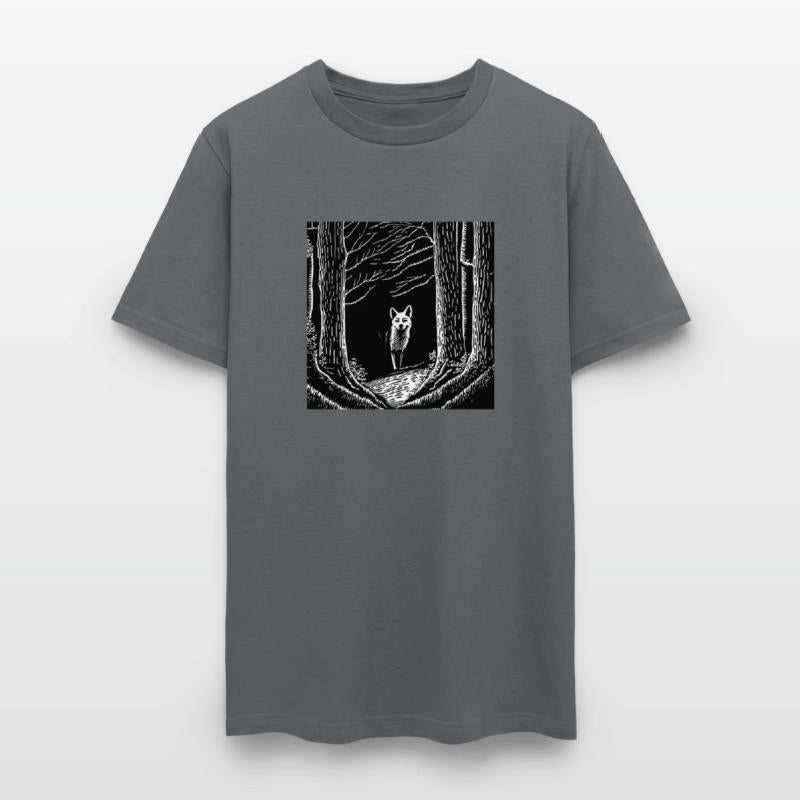 surreal black and white forest with a hidden wolf