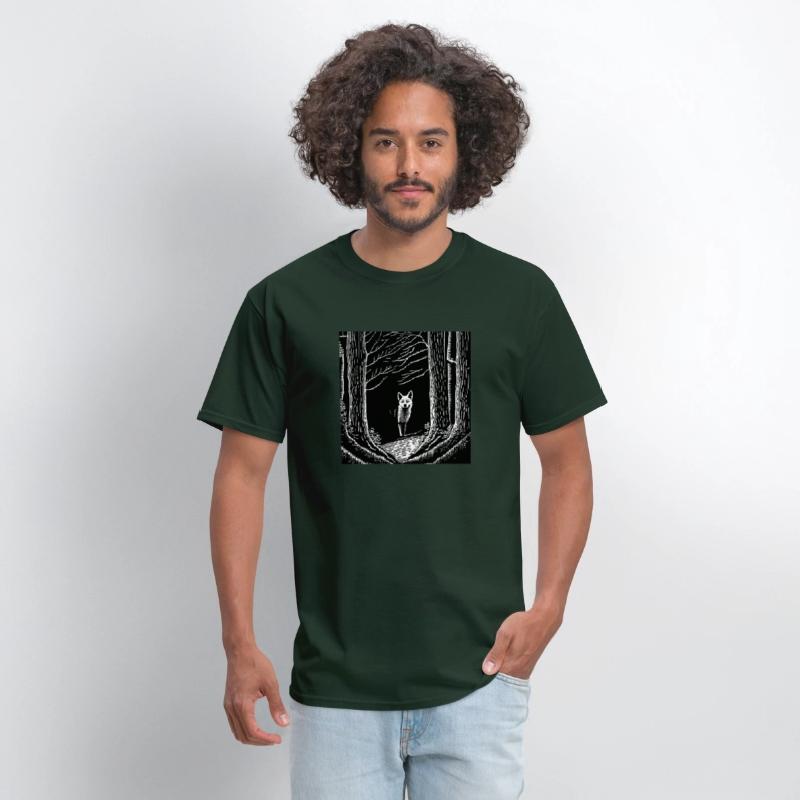 surreal black and white forest with a hidden wolf