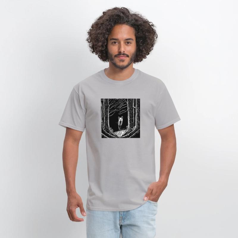 surreal black and white forest with a hidden wolf