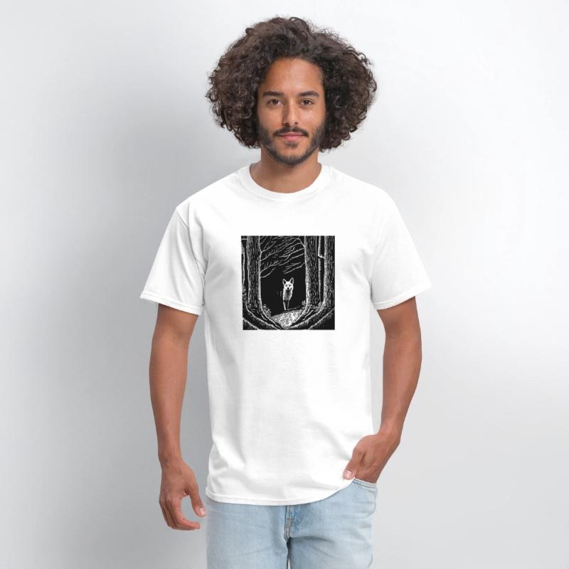 surreal black and white forest with a hidden wolf