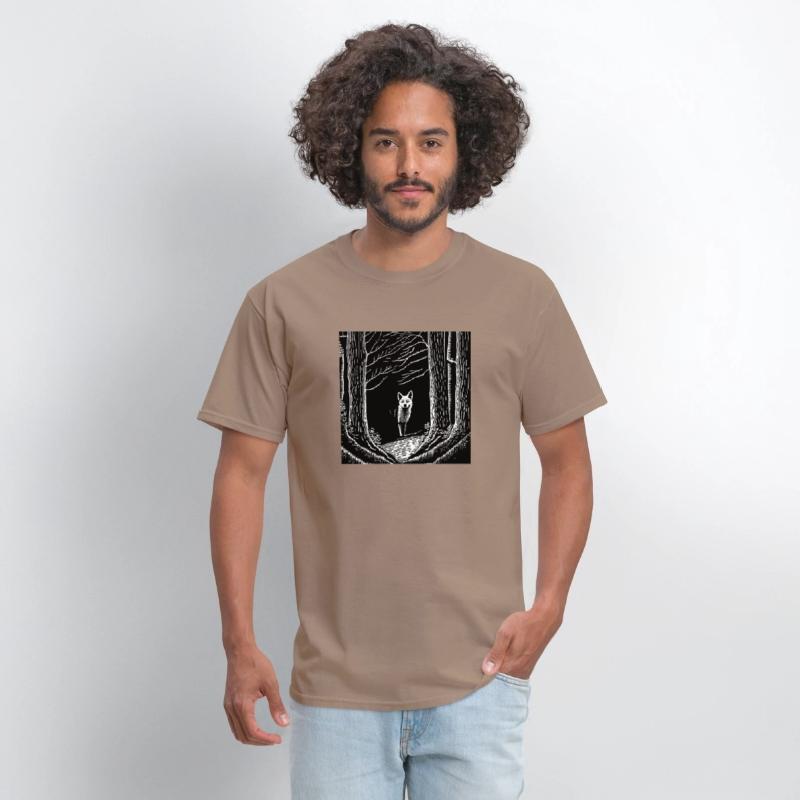 surreal black and white forest with a hidden wolf