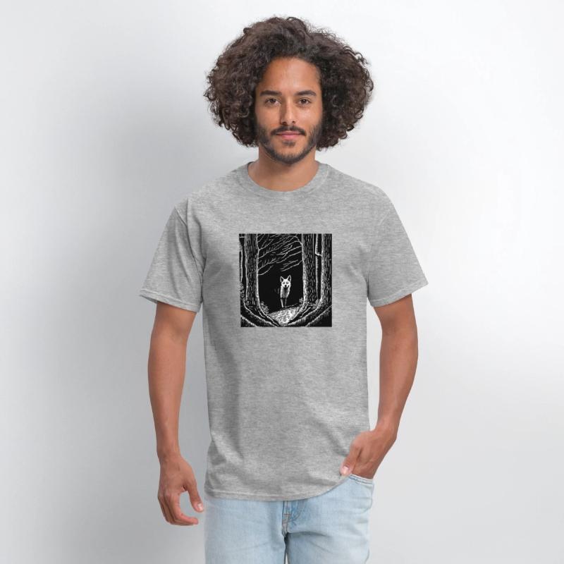 surreal black and white forest with a hidden wolf