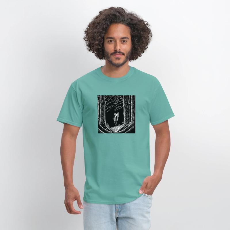 surreal black and white forest with a hidden wolf