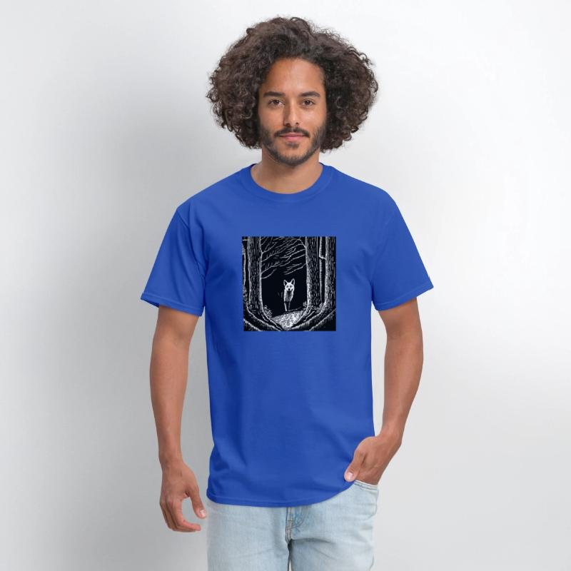 surreal black and white forest with a hidden wolf