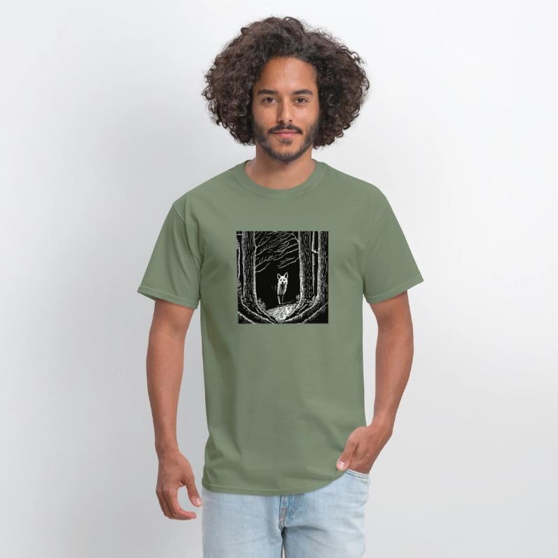 surreal black and white forest with a hidden wolf
