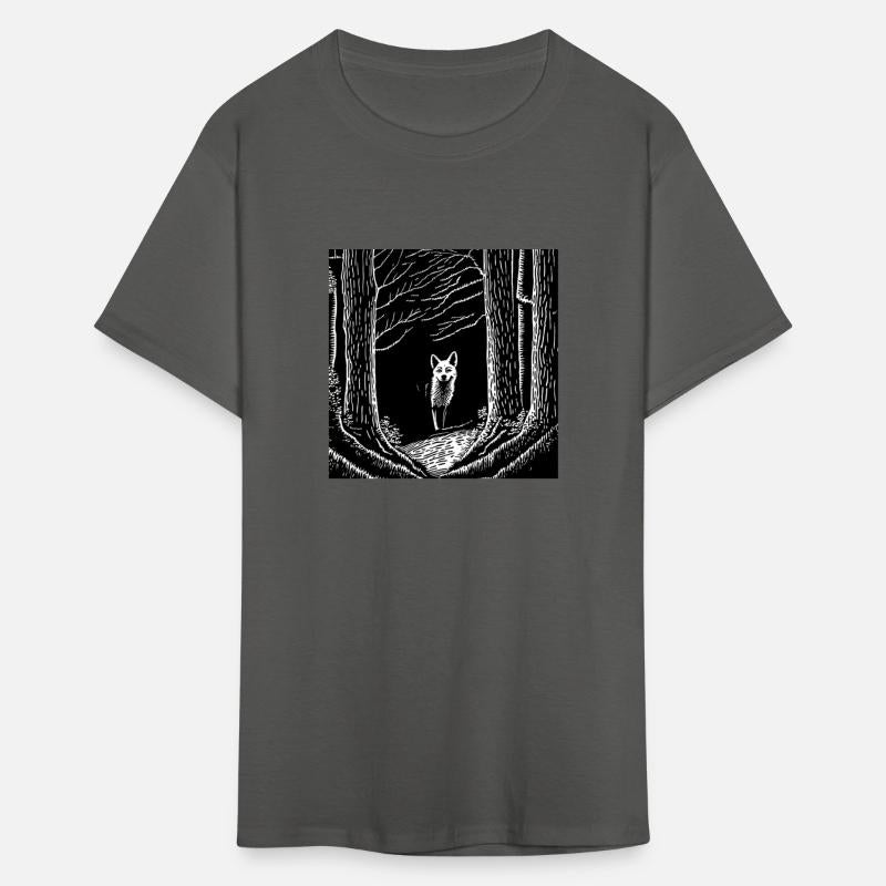 surreal black and white forest with a hidden wolf