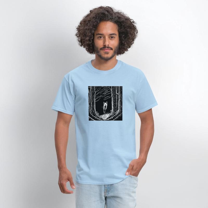surreal black and white forest with a hidden wolf
