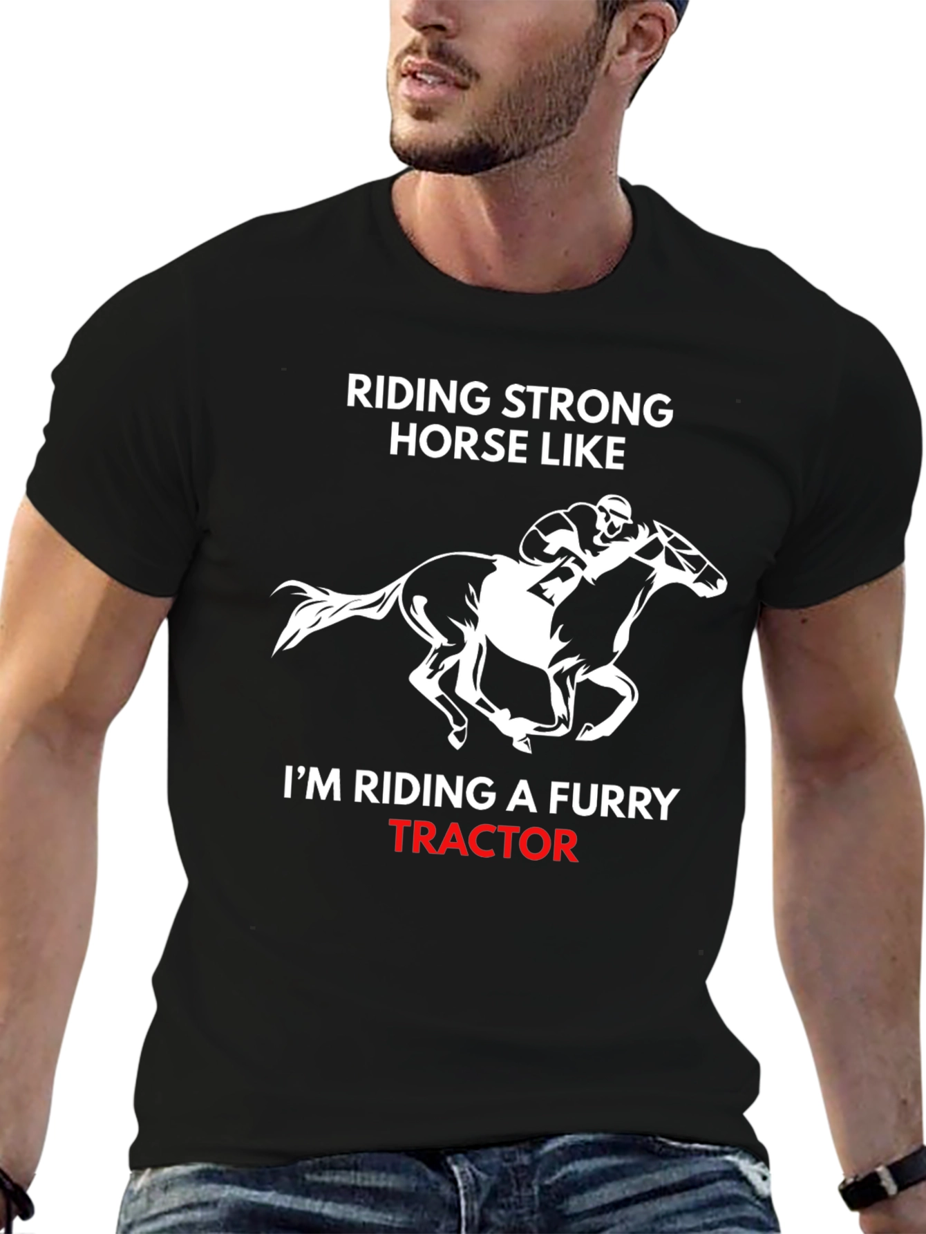 Funny Horse Riding Furry Tractor Graphic T-Shirt