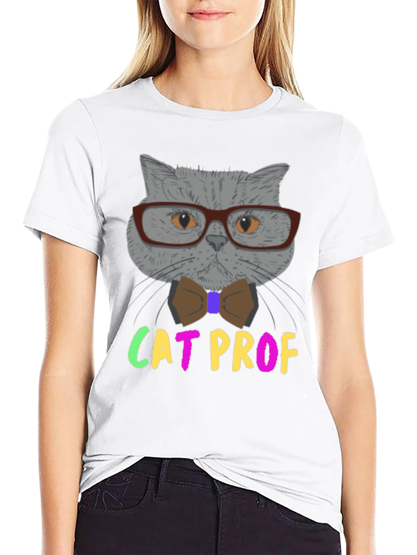 Cat Professor T-Shirt: Grey Cat with Glasses