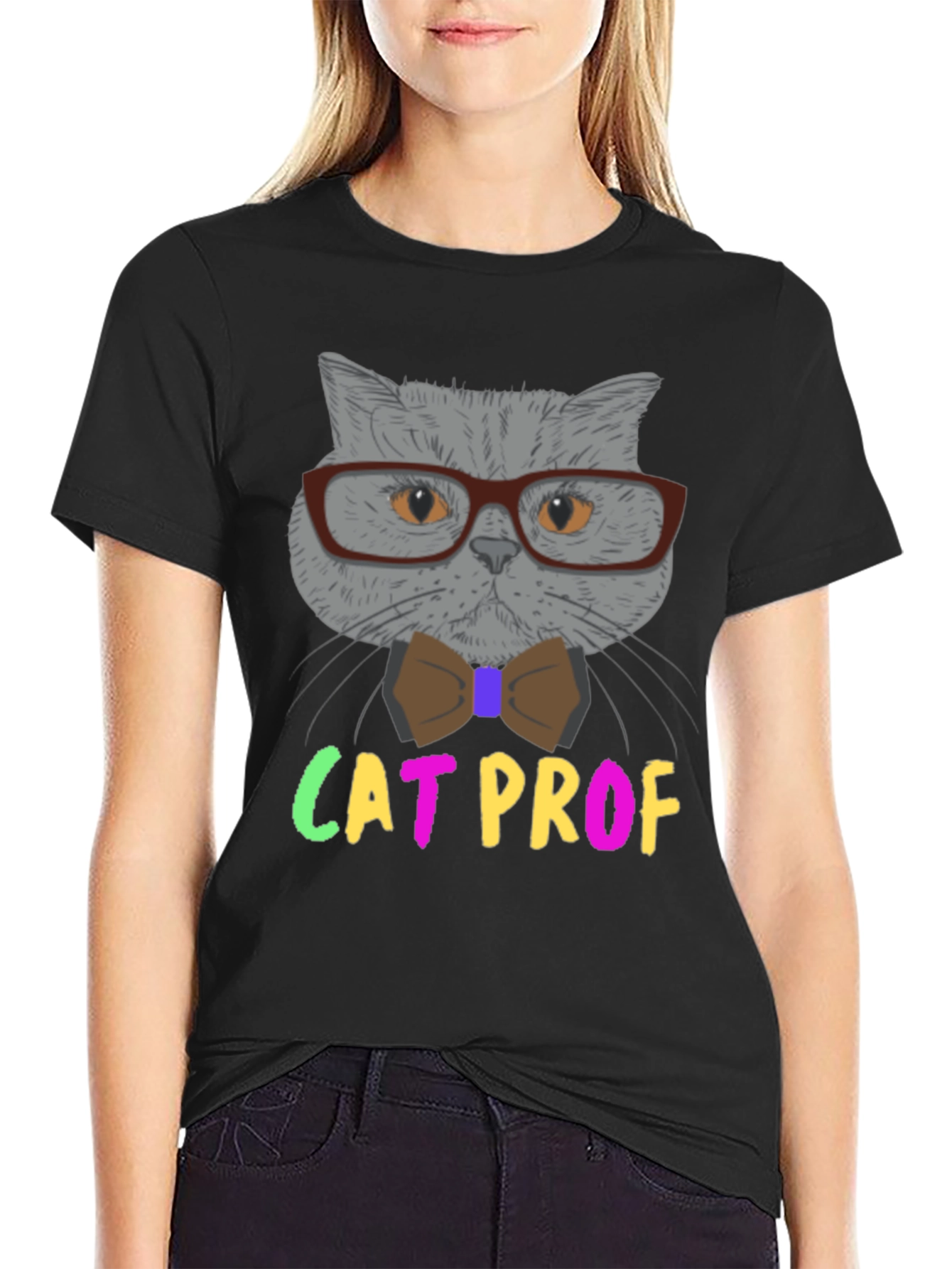 Cat Professor T-Shirt: Grey Cat with Glasses