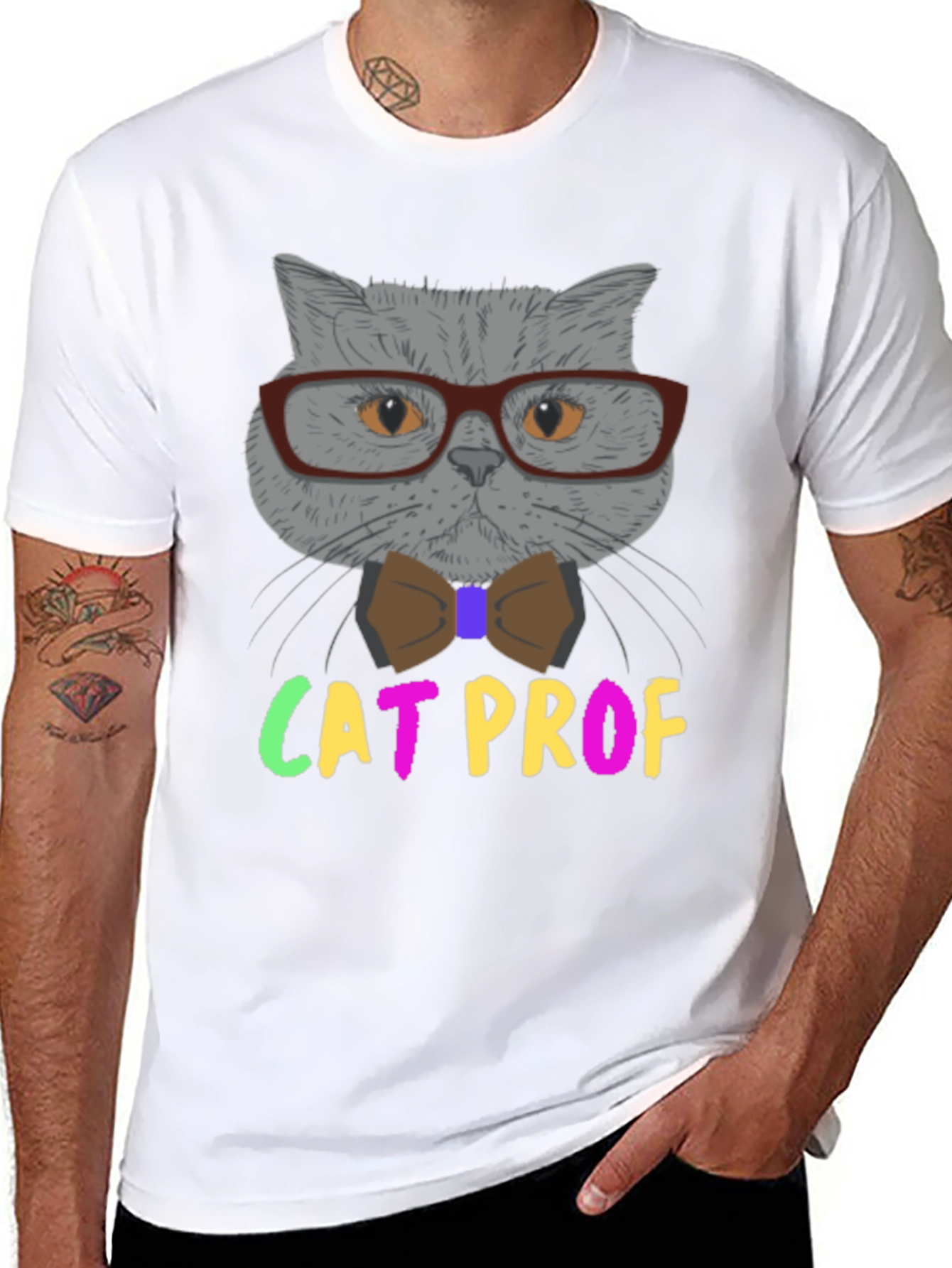 Cat Professor T-Shirt: Grey Cat with Glasses