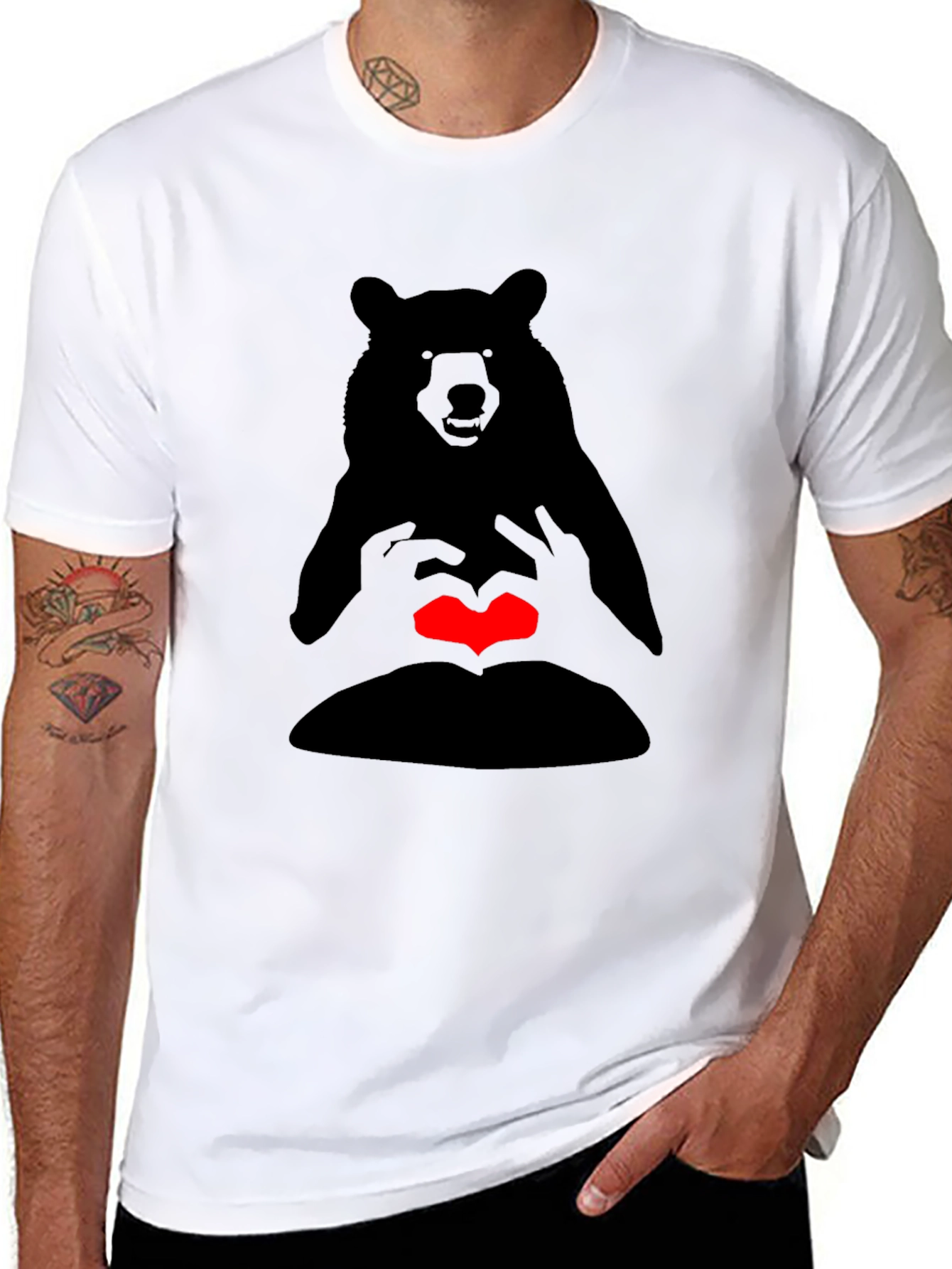 Bear Heart Hands Graphic Tee - Black Casual T-Shirt