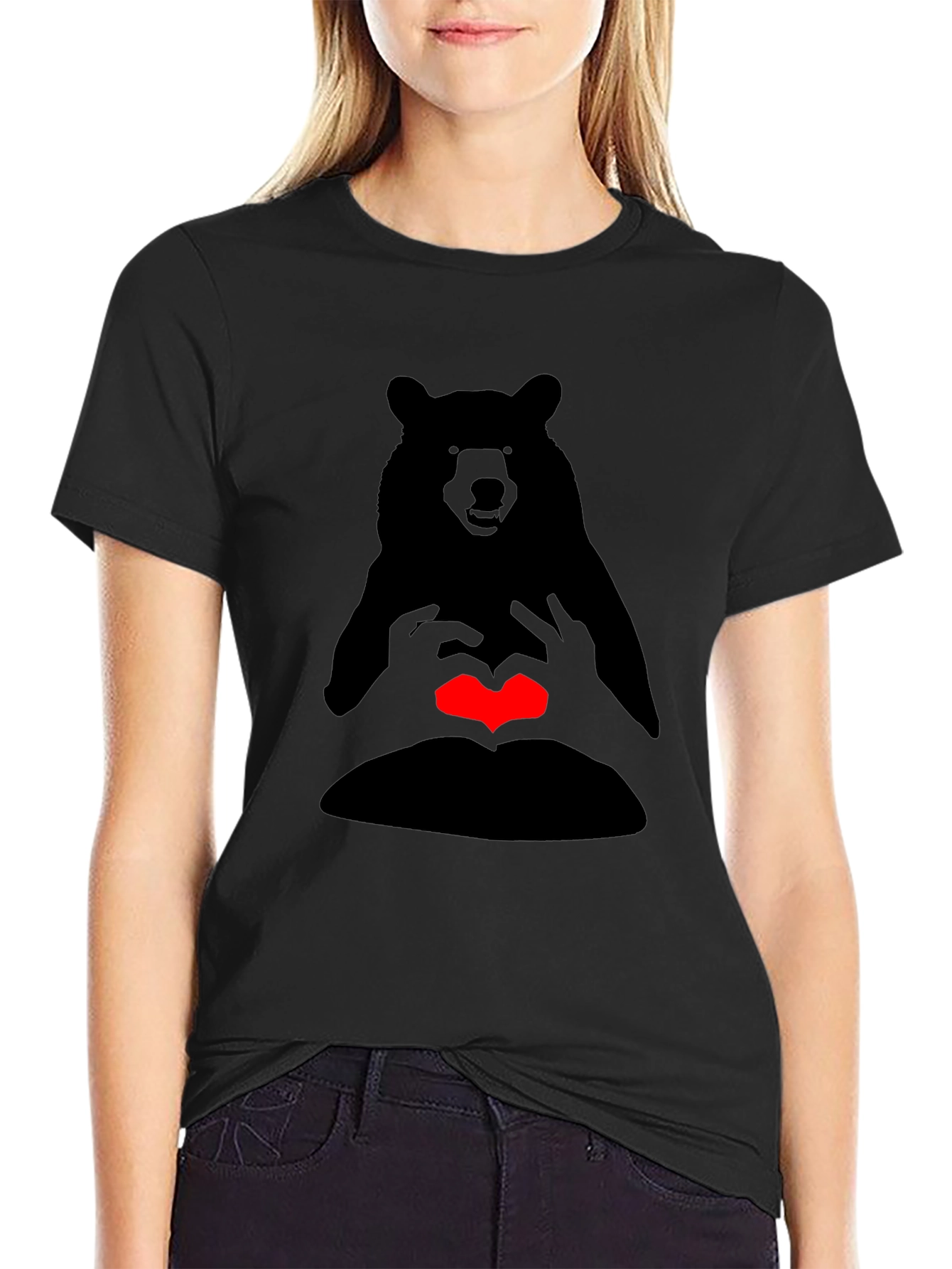 Bear Heart Hands Graphic Tee - Black Casual T-Shirt